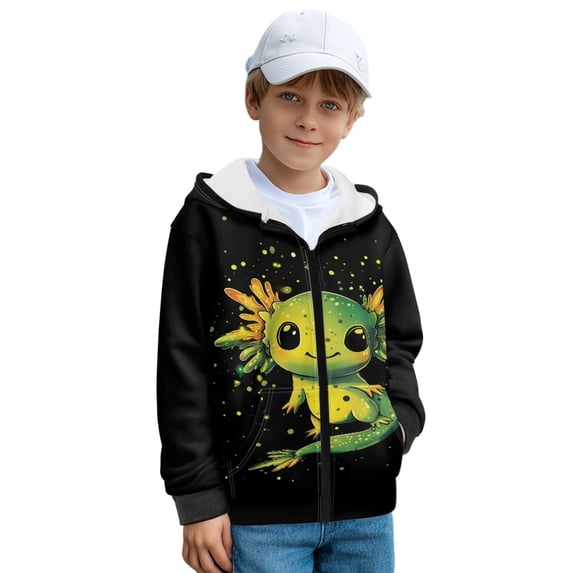 FKELYI Green Cartoon Axolotl Print Kids Hoodies with Full Zipper Cosy Sweatshirt Jacket with Pockets Fleece Hooded Top Streetwear for School Home, S