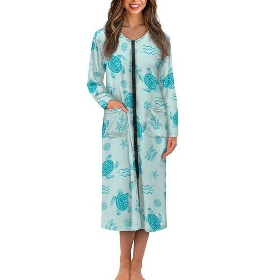 FKELYI Green Coral Turtle Starfish Print Fall Zipper Front Robes Nightgowns Women's Sleepwear Dress with 2 Pockets Comfy Housecoat Nightwear Dress Long Sleeve Loungewear, M