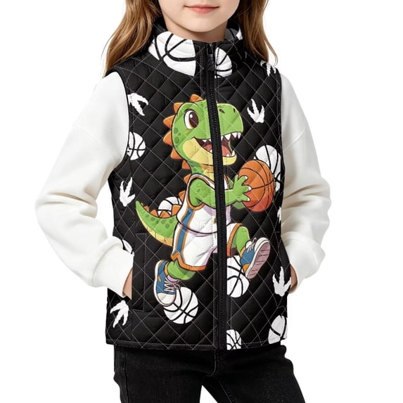 FKELYI Green Dinosaur Basketball Print Boys Quilted Jacket Vest, 11-12Y, Stand Collar, Sleeveless Jacket with Pockets, Water Resistant Coat, Fall Winter Outerwear, Full Zip Warm Vest