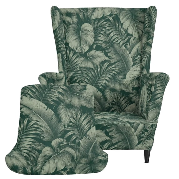 FKELYI Green Monstera Leaf Print Stretch Fit Wingbackk Armchair Slipcover with Individual Cushion Cover Non-Slip Furniture Protector for Living Room Single-Seater Sofa Decor