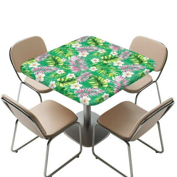 FKELYI Green Palm Leaf Frangipani Flower Print Square Tablecloth Elastic Table Cover for Outdoor Picnic Washable Dustproof Table Protector Kitchen Accessories, 36x36 inch
