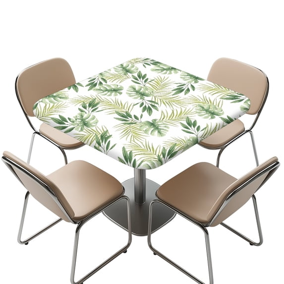 FKELYI Green Palm Leaf Print Square Fitted Table Cover Anti-Dust Tablecloth with Elastic Edge Card Tables Top Cover Kitchen Accessories Home Decoration, 34x34 inch