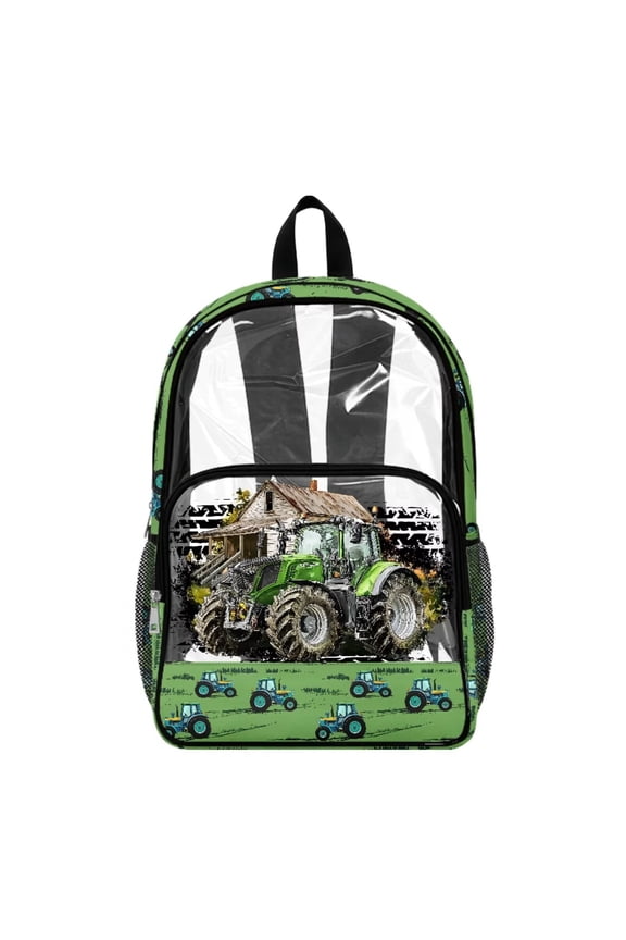 Green Tractor Print Clear Backpack for Elementary Student See Through School Bookbag 17 Inch Transprent Schoolbag Travel Bags Casual Daypack for Teens
