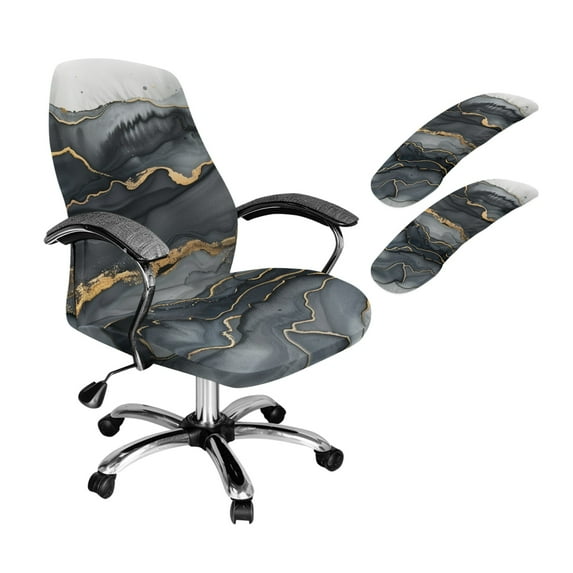 FKELYI Grey Gold Marble Texture Print Office Chair Cover with 2 Pcs Armrest Covers Swivel Boss Chair Slipcover Anti-Dust Protector for Armchair Home Decor, Large
