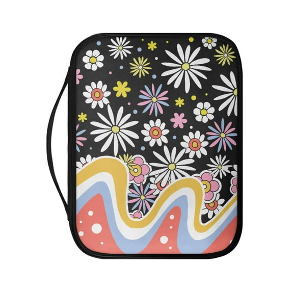 FKELYI Groovy Hippie Daisy Flower Print Bible Cover for Women Men Faux Leather Bible Carrier Book Carrying Case Church Bible Bag Scripture Protector for Prayer Study