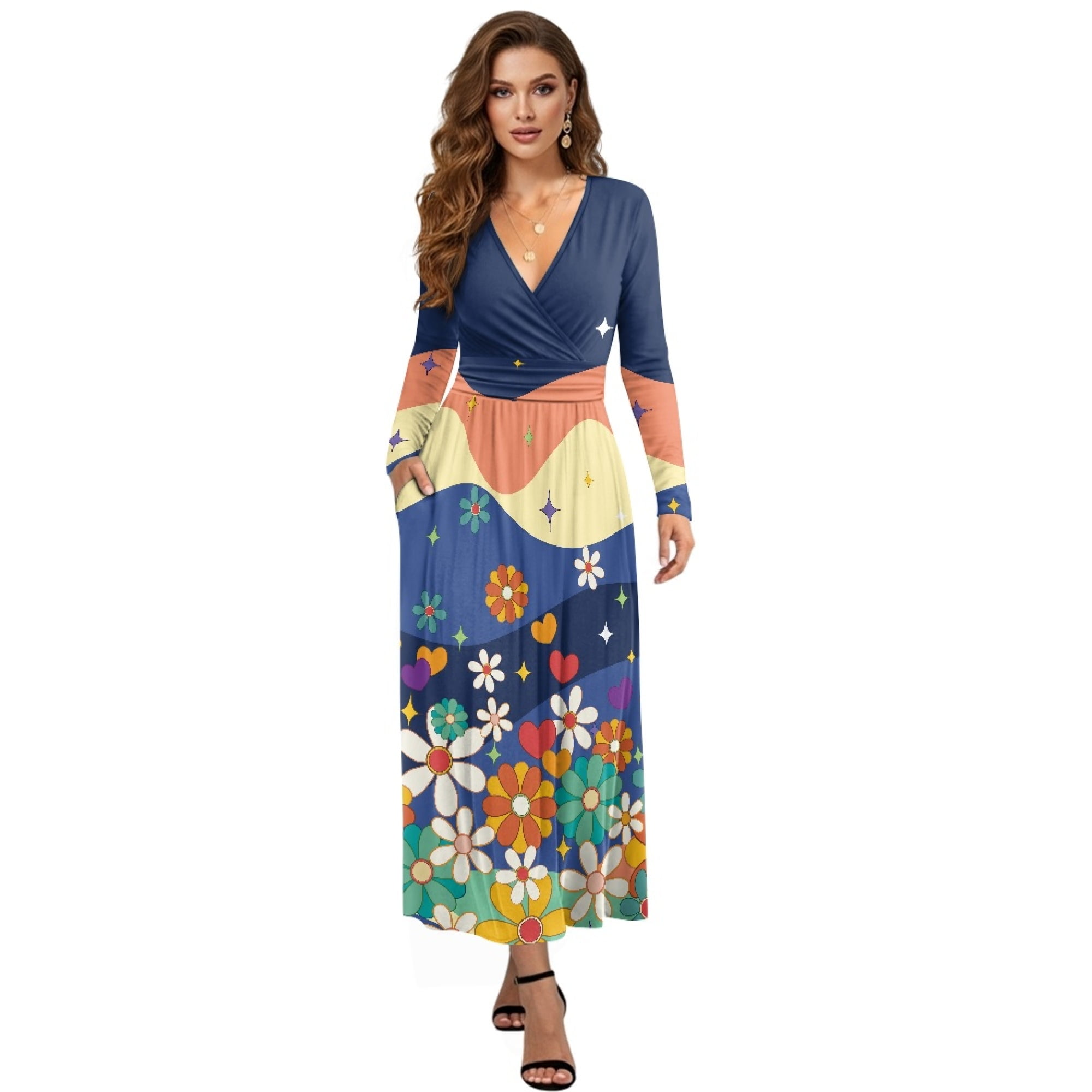hippie winter dresses Fkelyi Groovy Hippie Flower Print Fall Maxi Dress for Women Long Sleeve A-Line Flowy Dresses with Side Pockets V Neck Casual Dress for Spring Winter,