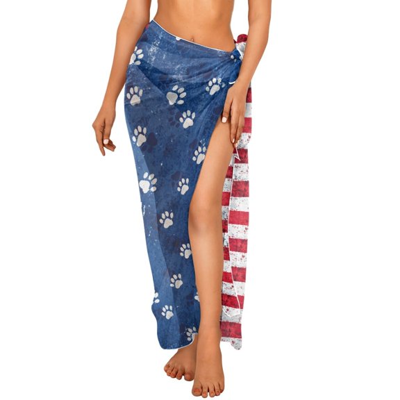 FKELYI Grunge American Flag Dog Paw Print Women Sarong Soft Swimsuit Coverups for Summer Chiffon Long Bikini Wraps Semi-Sheer Beach Pareo Bathing Suit Cover Up Beach Dress