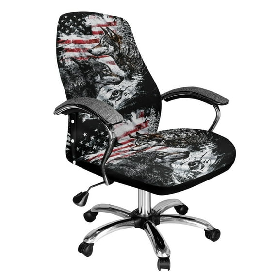 FKELYI Grunge Wolf American Flag Print Office Chair Cover Removable Computer Chair Slipcover Anti-Dust Swivel Chair Protector Covers for Boss Chair Armchair Decor, Large