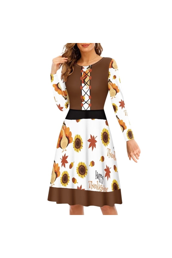 Hallo Fall Thanksgiving Women Dress Soft Ladies A Line Dresses Knee Length Stretchy Sunflowr Farmhouse Crew Neck Twirl Swing Dresses Size M