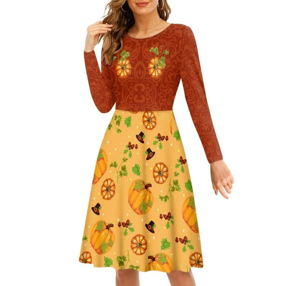 FKELYI Hallo Fall Women Dress Size S Lightweight A Line Swing Skater Twirl Dresses Elastic Thanksgiving Pumpkins Women Dress Long Sleeve Party