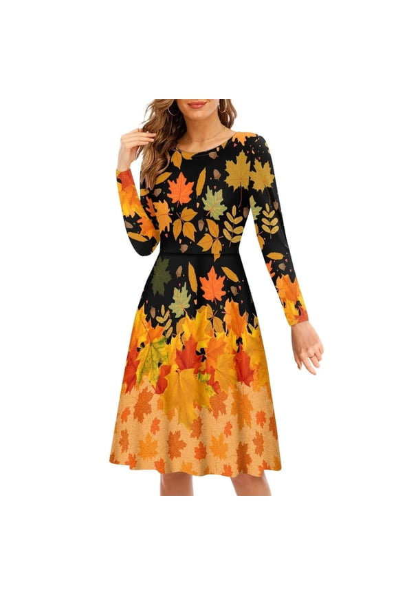 Hallo Fall Women Dress Soft Thanksgiving Maple Leaf Long Sleeve Dress for women Formal Stretchy Ladies A Line Dresses Knee Length Size XL