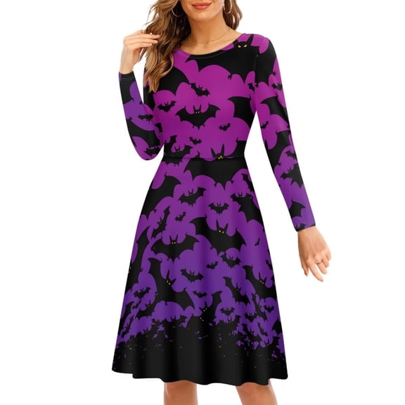 FKELYI Halloween Bats Women Dress Size XL Loose Long Sleeve Twirl Swing Dresses Purple Comfortable Hoilday Dresses for Women Casual Midi