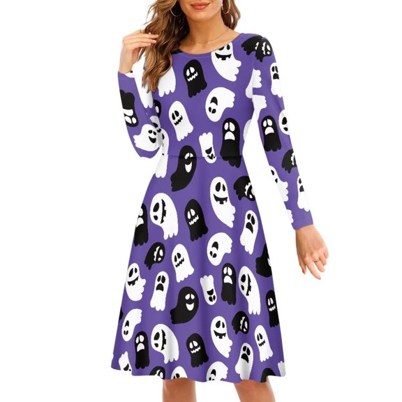FKELYI Halloween Ghost Women Dress Size 3XL Lightweight Swing Party Dress Knee Length Party Cartoon Print A Line Skater Casual Twirly Dress