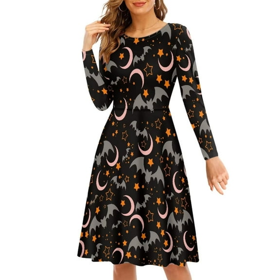 FKELYI Halloween Moon Bats Women Dress Size L Soft Ladies A Line Dresses Knee Length Stretchy Long Sleeve Twirly Skater Dress