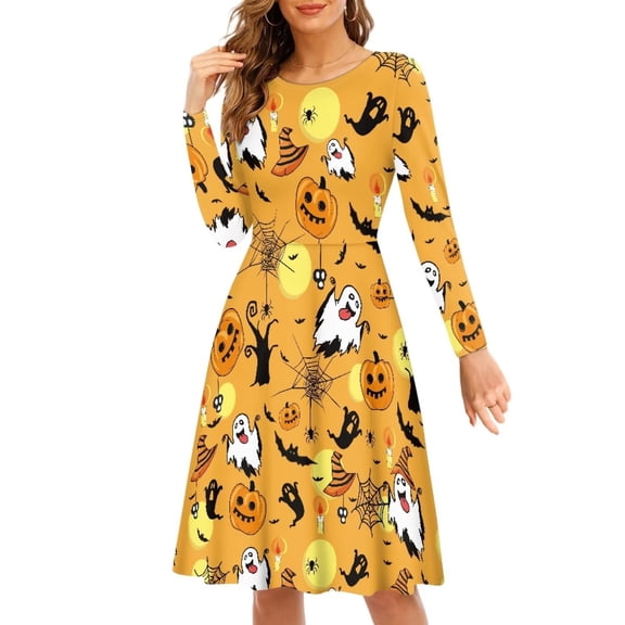 FKELYI Halloween Moon Women Dress Size XL Durable Ghost Pumpkins Swing Skater Dress Knee Length Soft Woman Long Sleeve Casual Dress