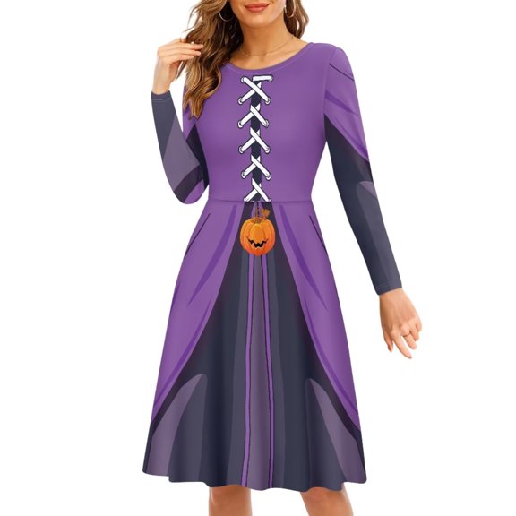 FKELYI Halloween Pumpkin Costume Women Dresses Size 4XL Breathable Dresses for Women Casual Midi Leisure Purple Long Sleeve Swing Dress