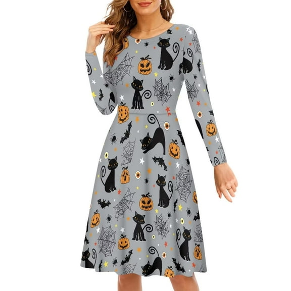 FKELYI Halloween Pumpkins Women Dresses Stretchy Women Dresses Long Crew Neck Soft Black Cat Print Party Twirly Skater Dress Size XL