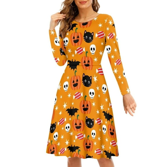 FKELYI Halloween Women Dresses Size XL Comfy Candy Cat Swing Skater Midi Dress for Party Skull Pumpkin A Line Skater Casual Twirly Dress