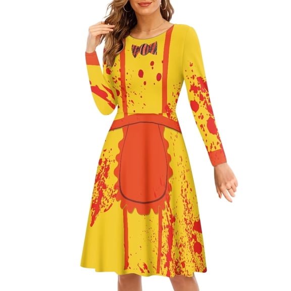 FKELYI Halloween Yellow Costume Women Dress Leisure Women Dresses Casual Knee Length Comfortable A Line Swing Skater Twirl Dresses Size L