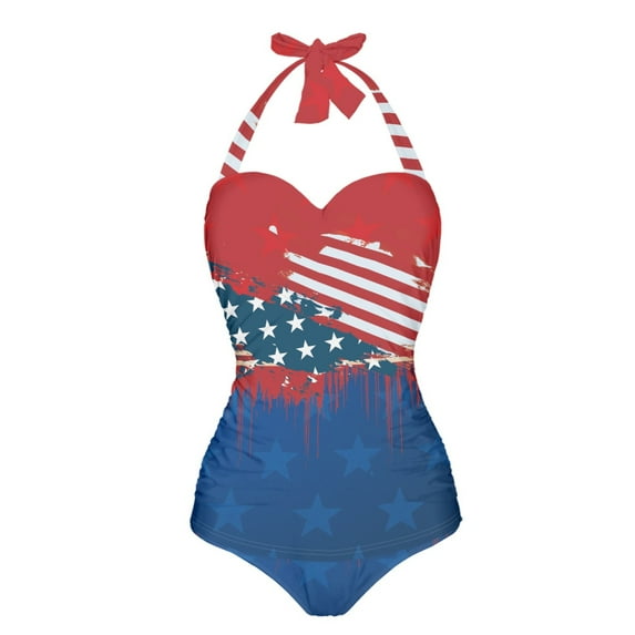 FKELYI Halter Swimwear for Women One Piece Bikini Swimsuits with 2 Pcs Soft Pad Vintage American Flag Star Print Polyester Bathing Suits Tummy Control Monokini for Ladies, 2XL