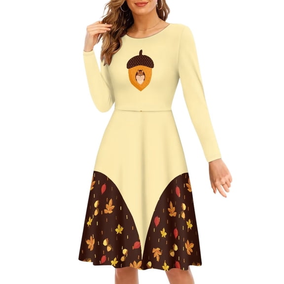 FKELYI Happy Fall Hazelnut Women Dress Size XL Comfy Swing Skater Midi Dress Long Sleeve Lightweight Thanksgiving Maple Leaf Women's Wear to Work Dresses
