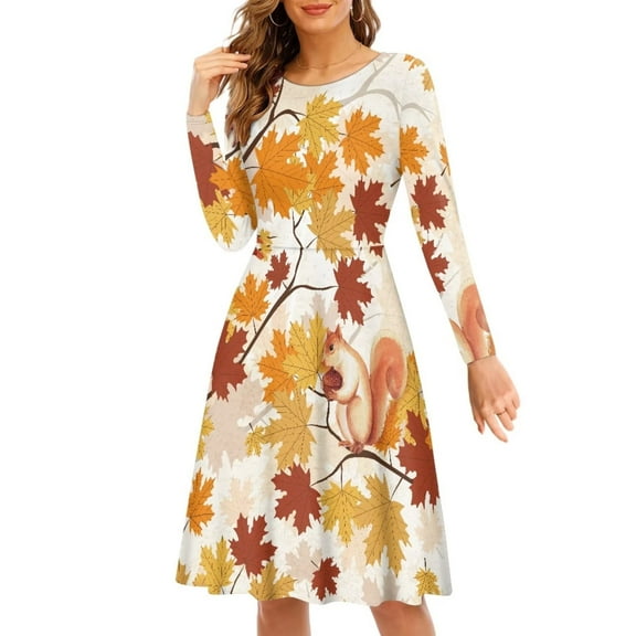 FKELYI Happy Thanksgiving Women Dresses Size 4XL Comfortable Fall Maple Leaves Swing Party Dress Breathable Long Sleeve Dress for women Formal