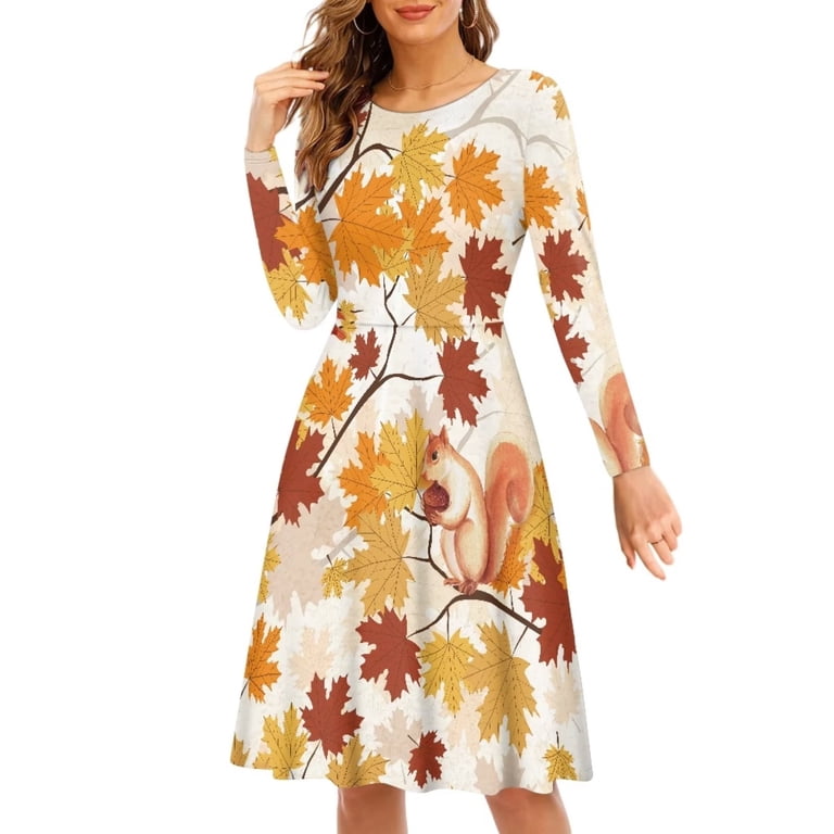 FKELYI Happy Thanksgiving Women Dresses Size L Comfortable Fall Maple  Leaves Swing Party Dress Breathable Long Sleeve Dress for women Formal -  Walmart.com