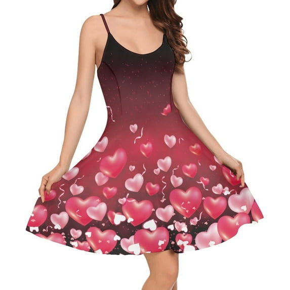 FKELYI Heart Balloon Slip Dresses Size XS Polyester Sleeveless Midi Dress for Women Valentine's Day Gift Casual Dating Dresses for Women Knee Length