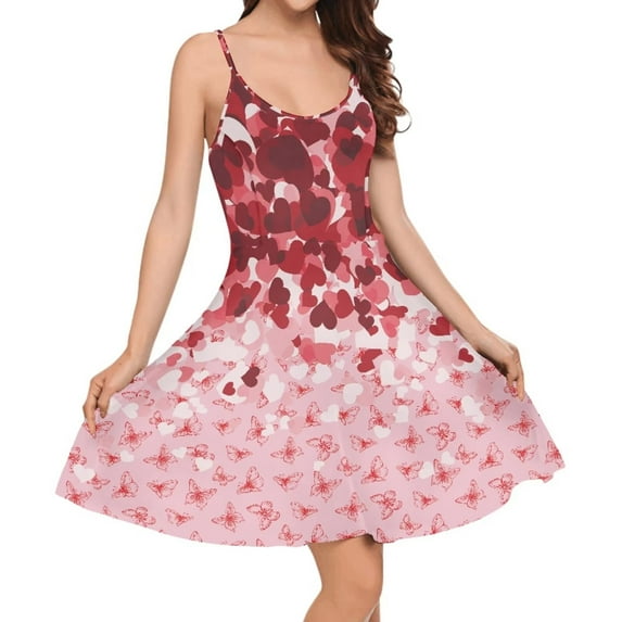 FKELYI Heart Butterfly Slip Dresses Size XS Polyester Valentine's Day Midi Slip Dresses for Women Comfortable Swing Twirl Skater Dress for Dating