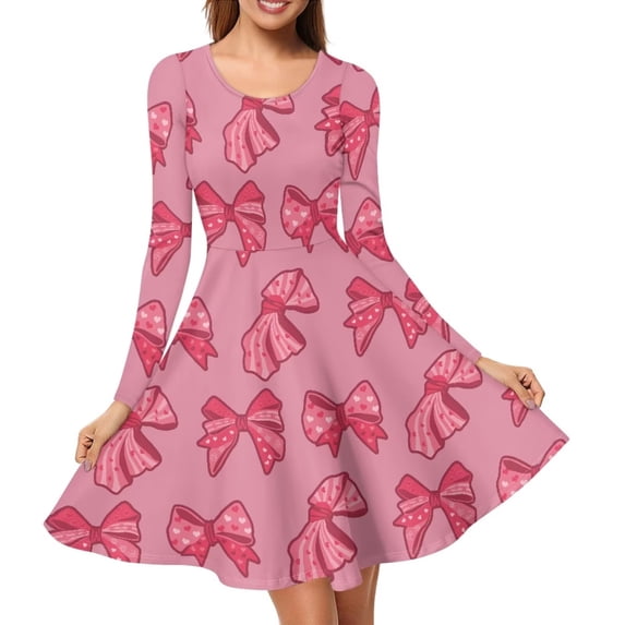 FKELYI Heart Pink Bow Women Dresses Breathable Swing Twirl Skater Dress Valentine's Day Gift Comfortable Women Long Sleeve Dresses Casual Size S
