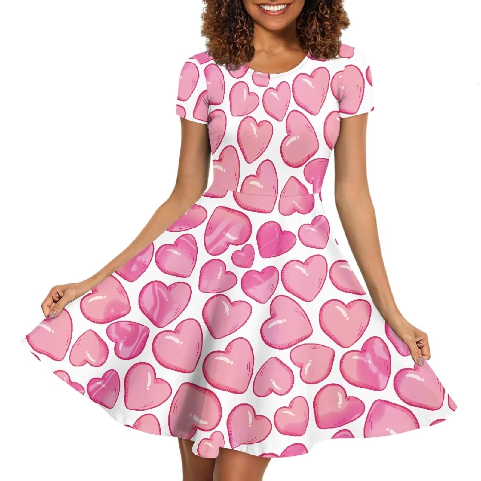Fkelyi Heart Print Short Sleeve Dress Elastic Valentine's Day Swing Skater Midi Dress Breathable Pink Short Sleeve Dresses for Women Size M