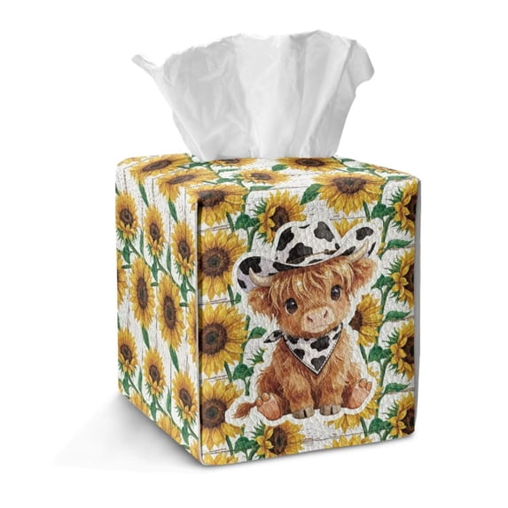 FKELYI Highland Cow Sunflower Print PU Leather Tissue Box Cover Squared Tissue Holder Organizer with Button Modern Decoration for Home Bathroom Kitchen Office