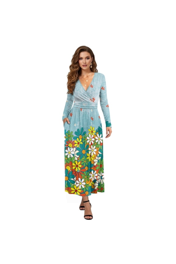 Hippie Daisy Flower Print Womens Fall Maxi Dress V-Neck Long Sleeve Casual Dress with Pocket A-Line Flowy Tiered Dresses for Spring Winter, 3XL