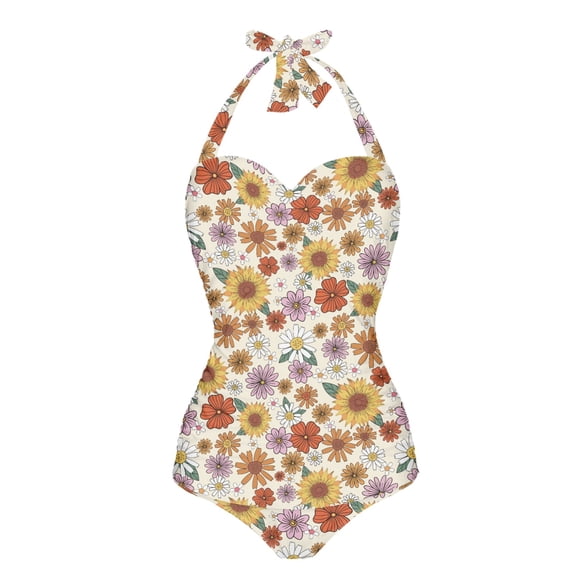 FKELYI Hippie Floral Print One Piece Swimsuit Women's Halter Swimwear Breathble Bathing Suit Tummy Control Monokini with Soft Pad for Ladies Beach Party Swimming Surfing, XL