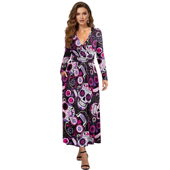 FKELYI Hippie Floral Skull Print Long Sleeve Maxi Dress for Women V-Neck Soft Casual Dress Flowy A-Line Dresses with Side Pockets for Party Wedding, M