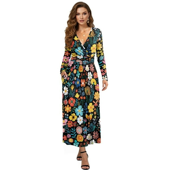 FKELYI Hippie Flower Leaf Print Long Sleeve Maxi Dress for Women V-Neck Soft Casual Dress Flowy A-Line Dresses with Side Pockets for Party Wedding, XL