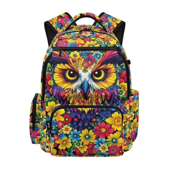 FKELYI Hippie Flower Owl Print Kids Backpack for Boys Girls Schoolbag Lightweight Spacious School Bookbag with Multi-Pockets for Elementary Student Daypack Rucksack