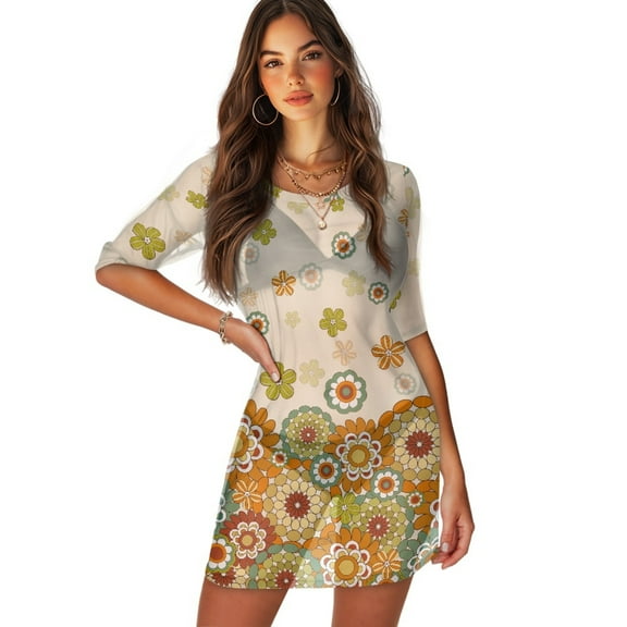 FKELYI Hippie Flower Print Women's Swimsuit Cover Ups Round Neck Swimwear Cover-Up Half-Sleeve Beachwear Chiffon Fabric Bikini Beach Dress for Ladies Summer Vacation Swimming, S