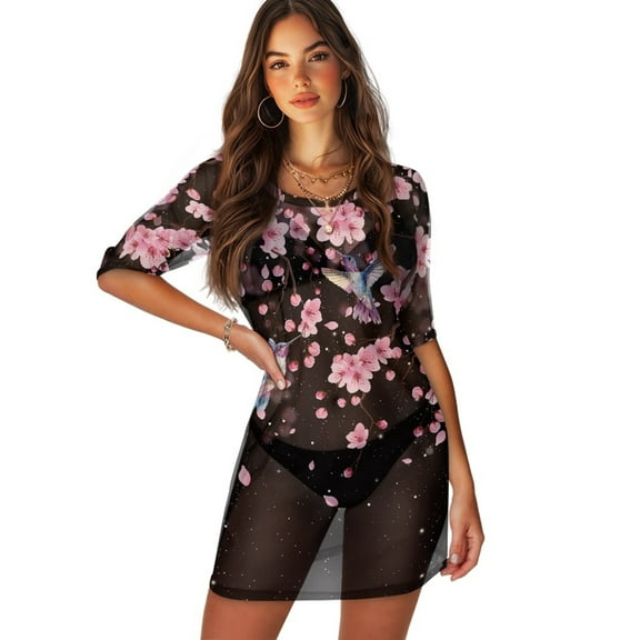 FKELYI Hummingbird Cherry Blossoms Print Women's Swimsuit Coverup Round Neck Bathing Suit Cover Ups Casual Half-Sleeve Bikini Beach Dress for Summer Vacation Beach Party, L