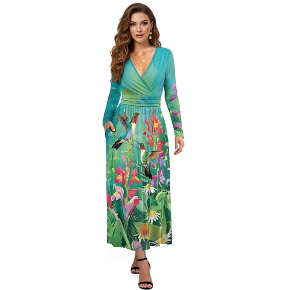 FKELYI Hummingbird Flower Print Womens Fall Maxi Dress V-Neck Long Sleeve Casual Dress with Pocket A-Line Flowy Tiered Dresses for SSpring Winter, 2XL