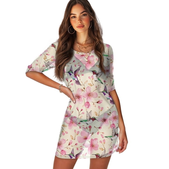 FKELYI Hummingbird Pink Flower Print Women's Swimsuit Cover Up Half Sleeve Beach Cover-Up Round Neck Coverup for Summer Soft Breathable Beachwear Dress for Vacation, XL