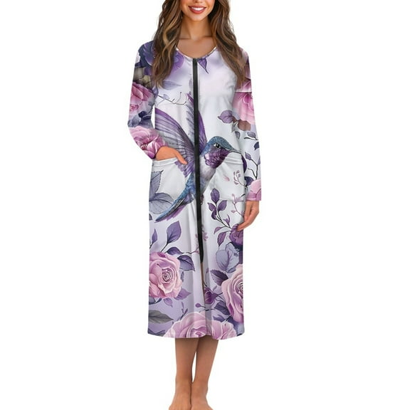 FKELYI Hummingbird Purple Pink Rose Print Women Zipper Front Robe Nightgowns Comfy House Coats Full Length Sleepwear House Dress Long Sleeve Bathrobe with 2 Pockets, L