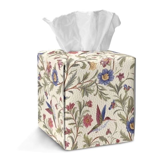 FKELYI Hummingbird Retro Flower Print Tissue Box Cover Snap Button Design Tissue Box Holder Facial Paper Organizer Holder PU Leather Home Bathroom Office Decor
