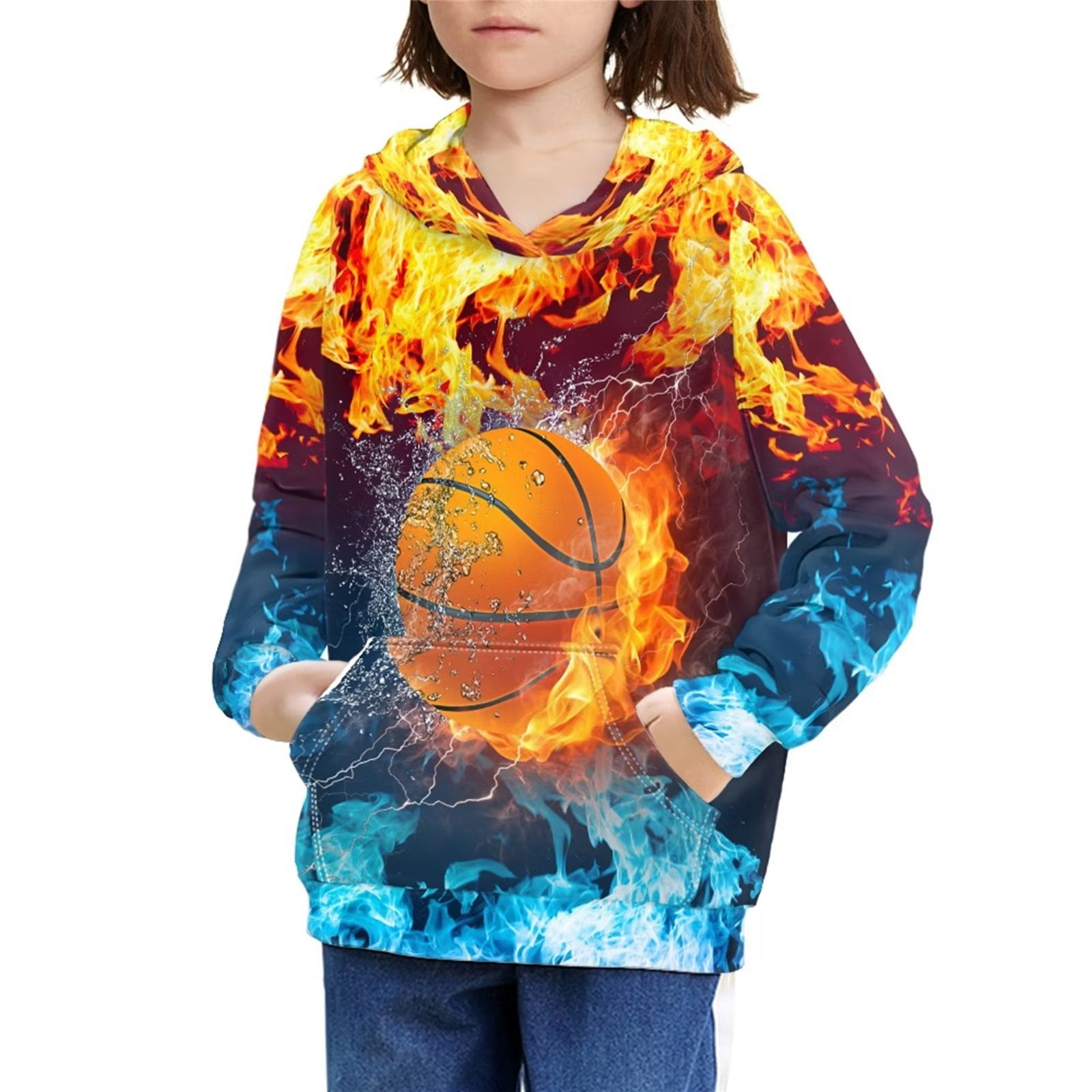 FKELYI Ice Fire Basketball Hoodies for Boys Size 8 10 Elastic Hoodies Pullover Graphic Design Oversize Crew Neck Kids Athlete Hoodie Novelty