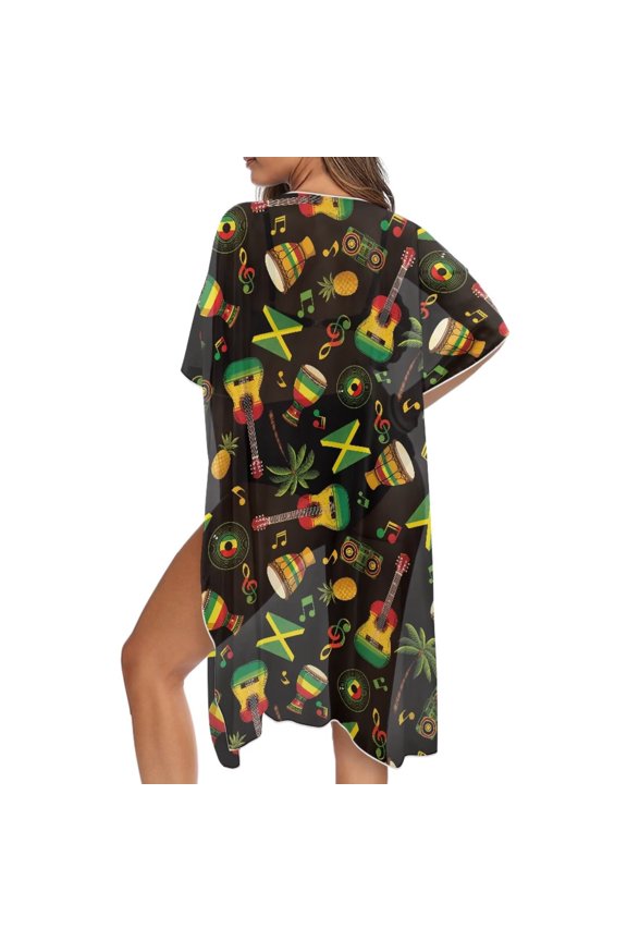 Jamaican Flag Musical Note Print Womens Kimono Cover Up Half Sleeve Beach Cover Ups Swimwear Coverup Summer Beachwear Loose Cruise Outfits Open Front Cardigan