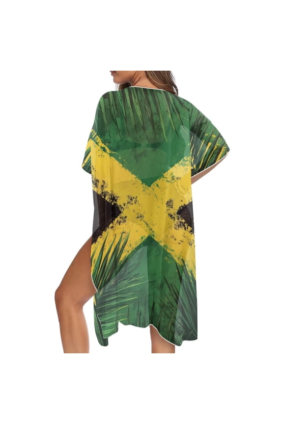 Jamaican Flag Print Kimono Coverups for Women Soft Beach Cover Up Half Sleeve Summer Cardigan Bikini Cover Ups Resort Wear Casual Cruise Outfits