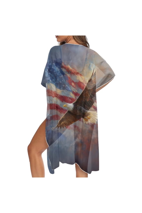 July 4th USA Flag Eagle Print Women Kimono Cardigan Summer Beach Cover Up Half Sleeve Swimsuit Coverup Ladies Beachwear Comfy Resort Wear Vacation Outfits