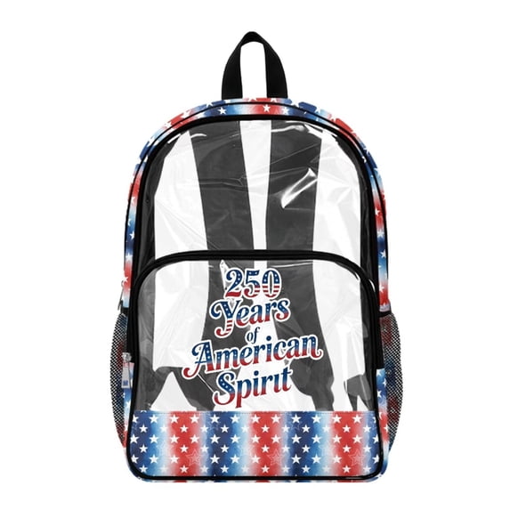 FKELYI July 4th USA Flag Print Clear Backpack for Girls & Boys 17 Inch Kids Backpacks Transprent School Book Bag with Multi-Pockets Casual Daypack for Elementary