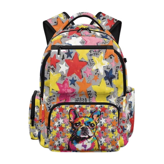 FKELYI Kids Backpack 17 Inch Spacious Schoolbag with Multi-Pockets for Elementary Student Camo Star Pug Dog Print School Bookbag Casual Daypack Boys Knapsack Rucksack
