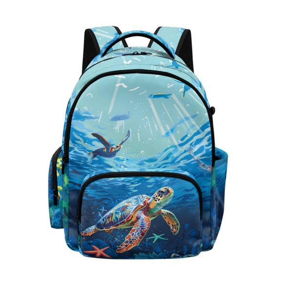 FKELYI Kids Backpack for Boys 17 Inch School Backpacks Sea Turtle Starfish Blue Print Spacious Bookbag with Multi-Pockets Lightweight Casual Daypack for Elementary Student